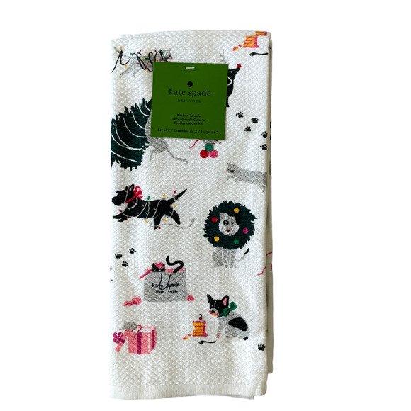 Kate Spade Christmas Dogs & Cats Kitchen Towel Set of 2 Designer Holiday 17x28 - Picture 9 of 12